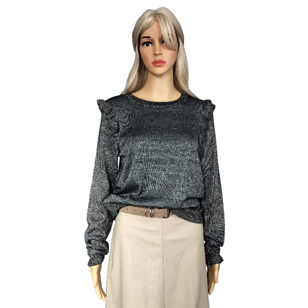On 34 TH Chic Women's Black Ruffle Shine Sweater Blouse Size M NWT - Picture 2 of 8
